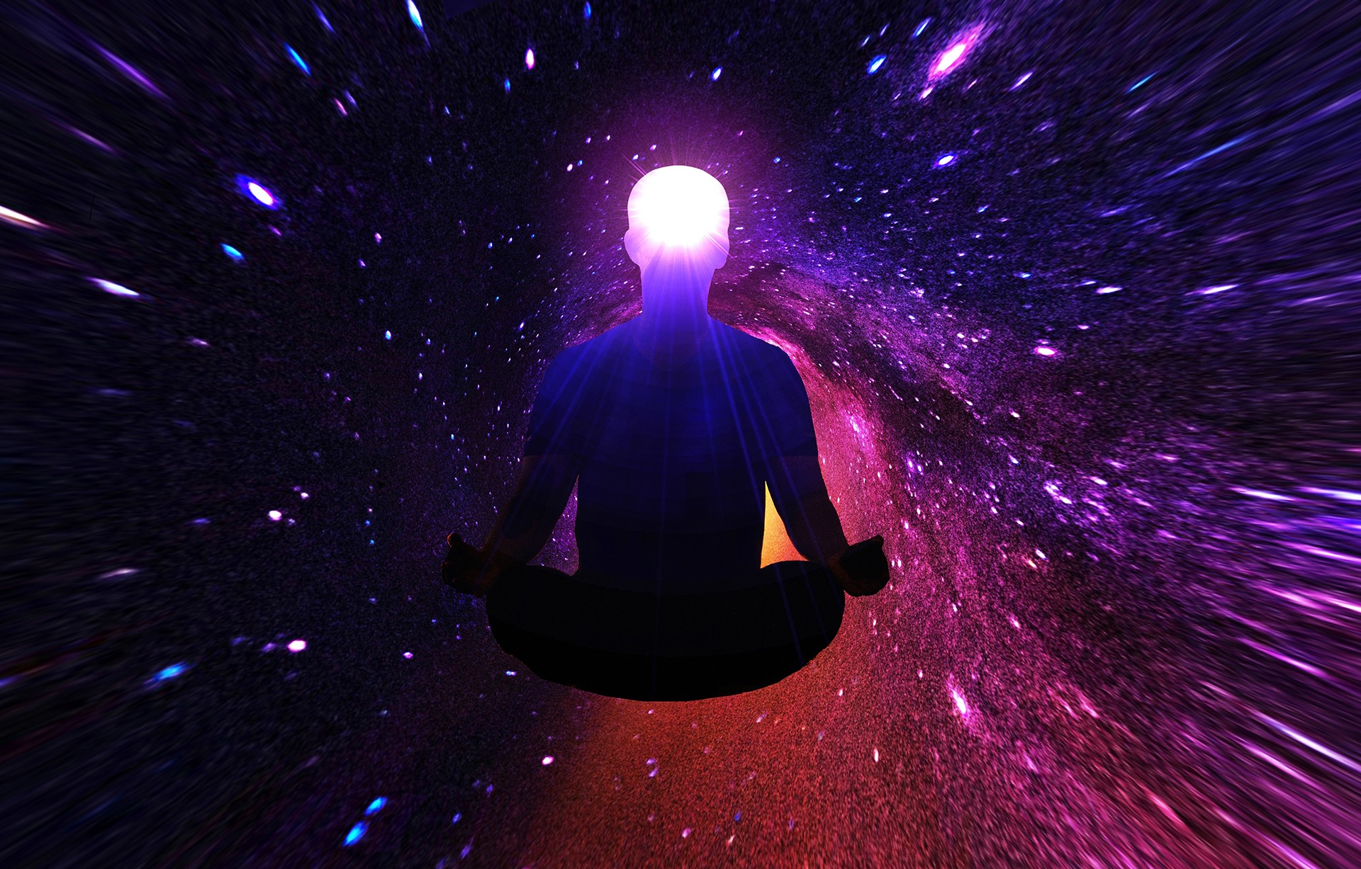 Colorful light-burst image of male figure meditating