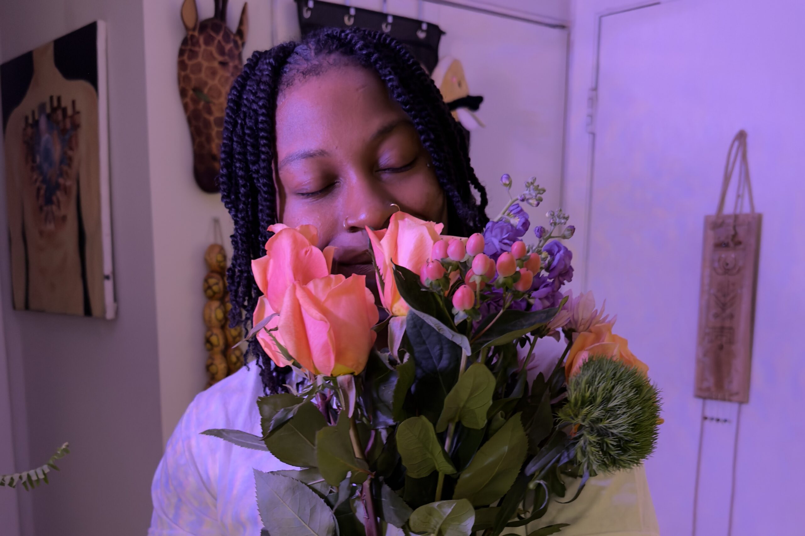 Easter hostess receiving a colorful bouquet of flowers