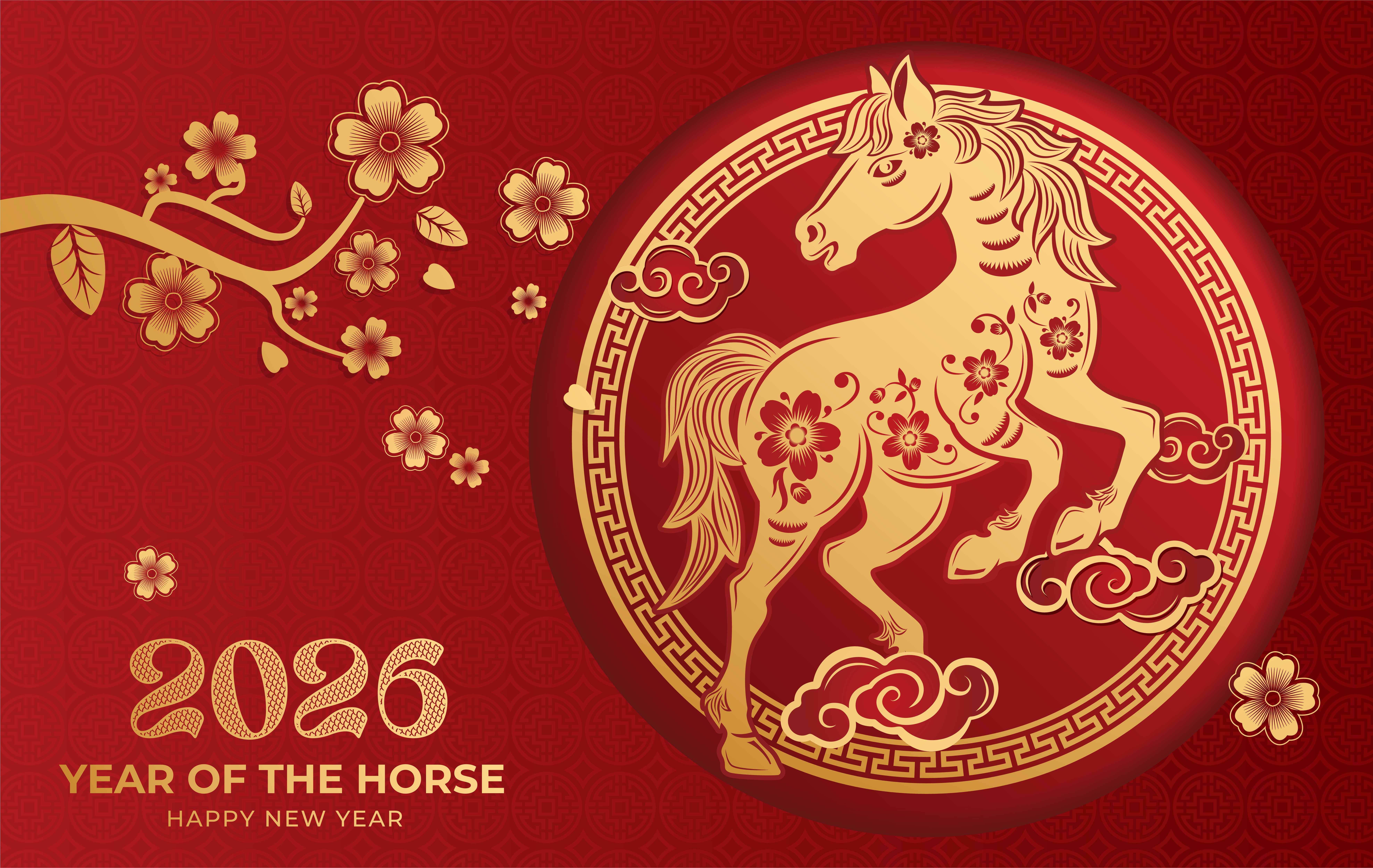 Lunar New Year 2026 - Gold Fire Horse on red background