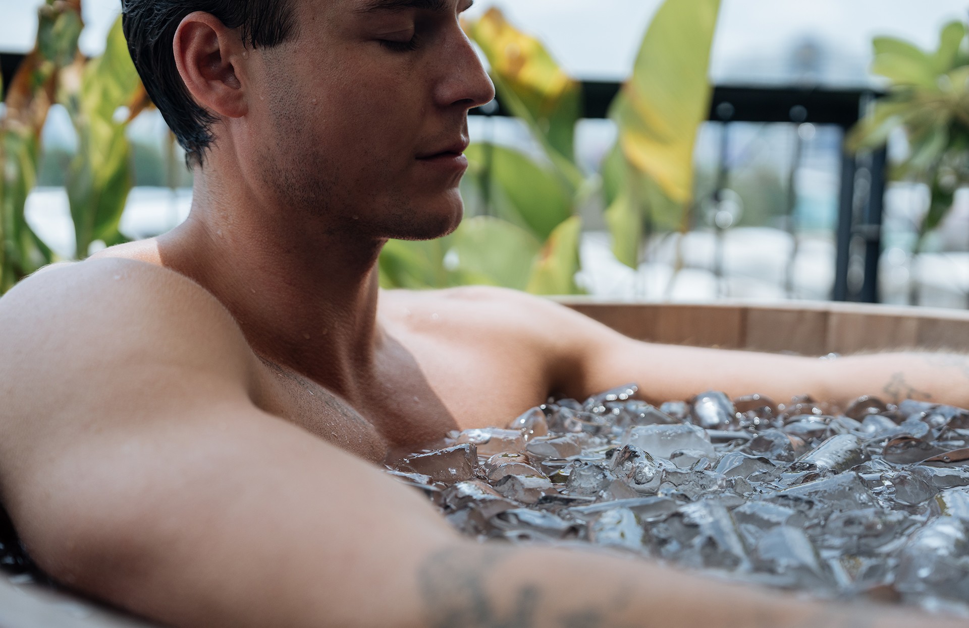 Vagus nerve reset; male patient submerged in ice bath