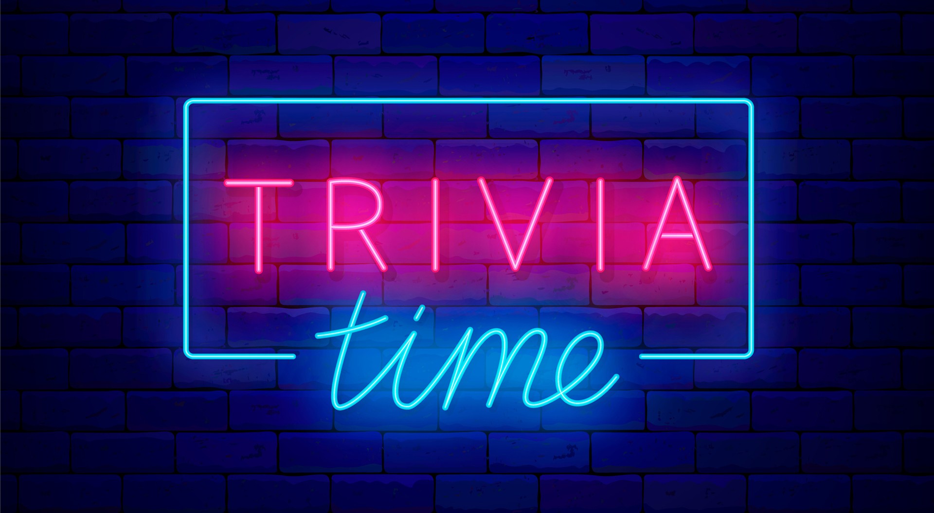 Neon Trivia Time sign against a black brick wall