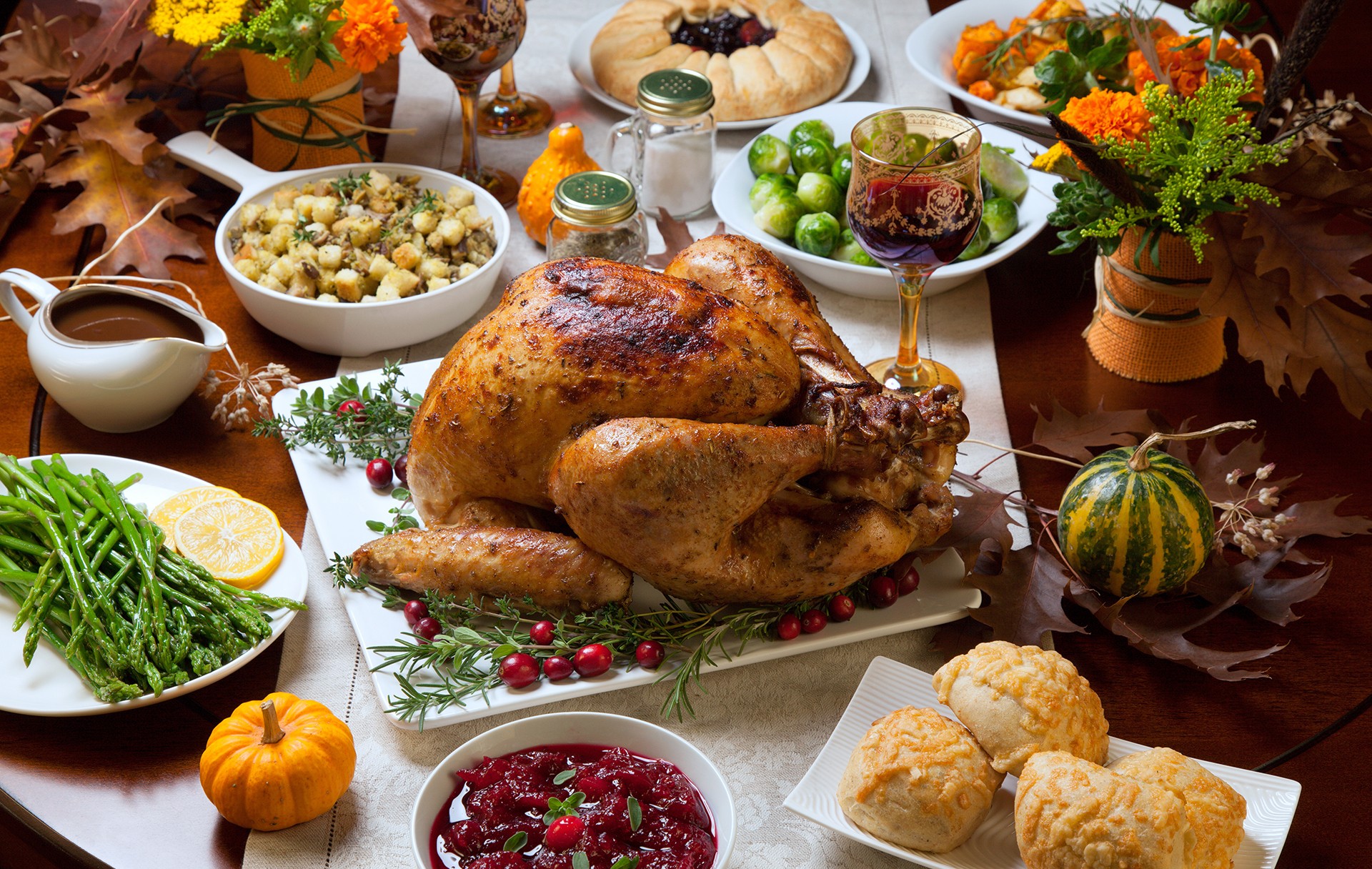 Traditional Thanksgiving turkey dinner with side dishes