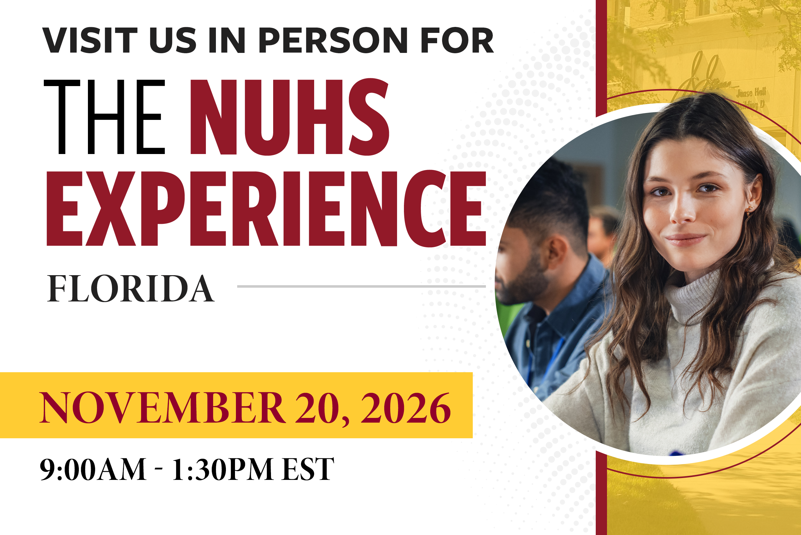 The NUHS Experience Florida event 11-20-26 info graphic