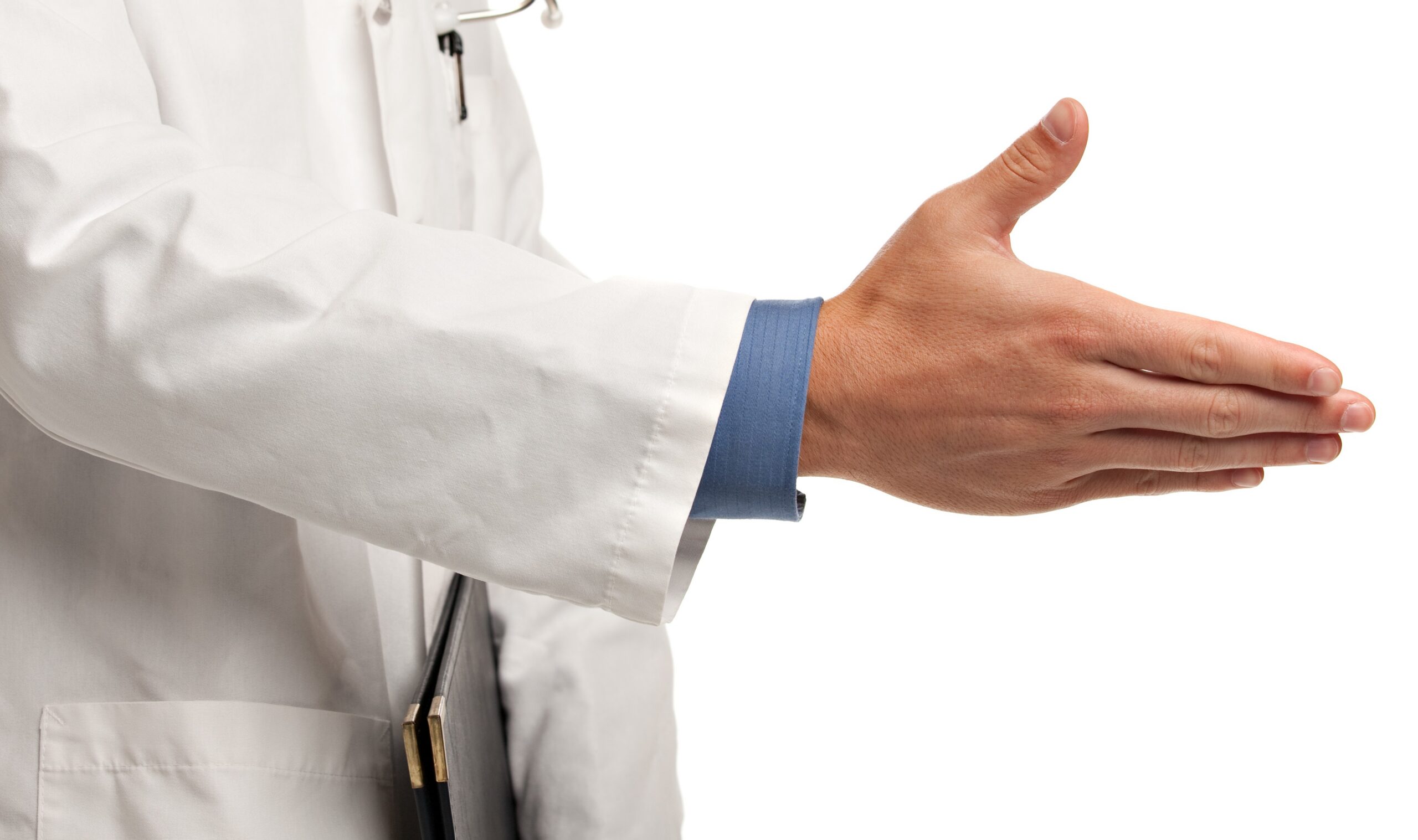White coated physician expending his hand in greeting